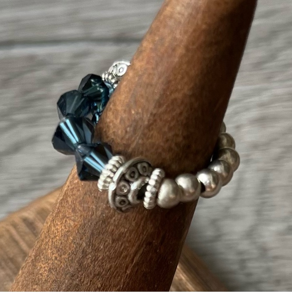 Beaded Ring with Silver Beads and Deep Teal Crystals